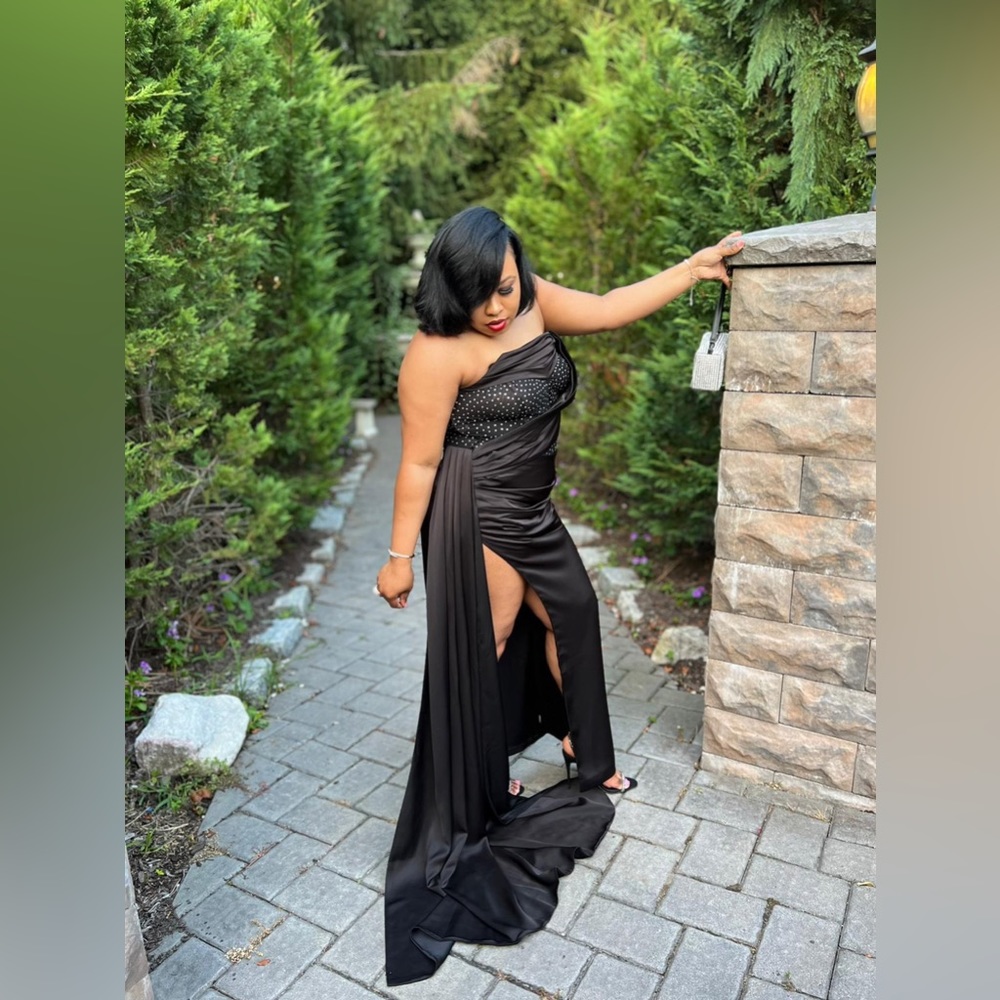 Holly Black Crystallized Corset High Slit Satin Gown